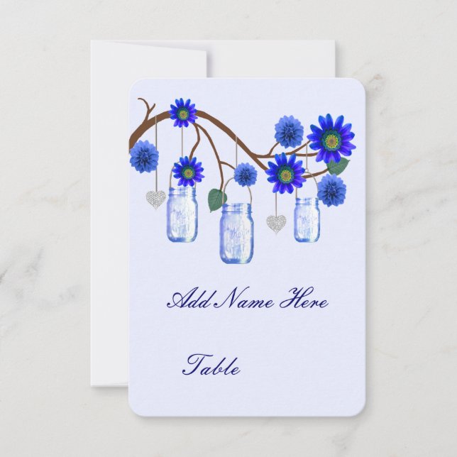 Cartes de table Fleurs bleues en bocaux Mason (Devant)