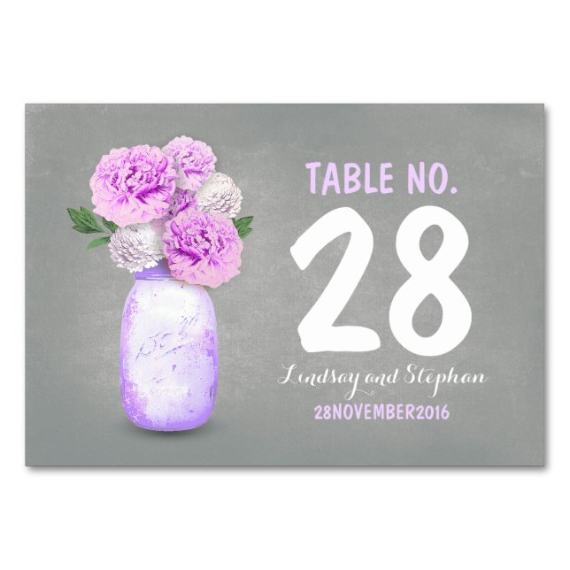 Cartes de table mignonnes en pot de mason mauve fl (Devant)