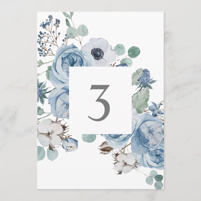 Cartes de table Misty Blues Floral Rose Anemones (Devant)