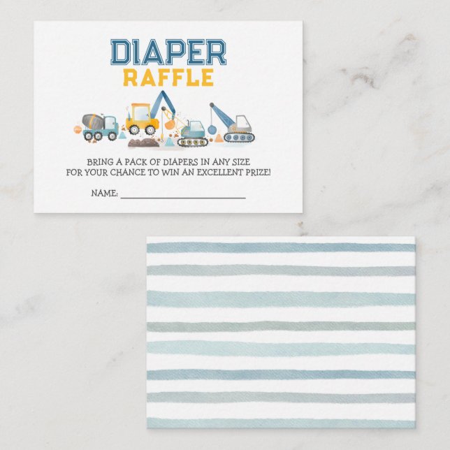 Cartes de tombola pour couches, Camions de constru (Devant / Derrière)