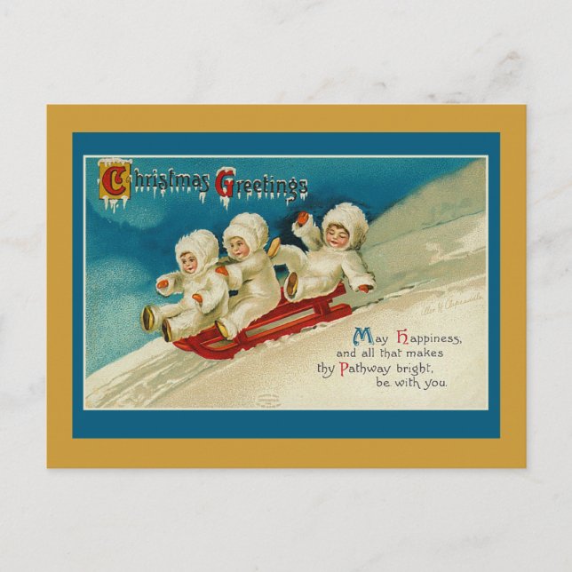 Cartes de vacances de triplés mignons en traîneau (Devant)