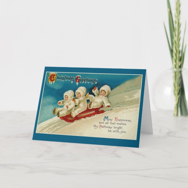 Cartes de vacances de triplés mignons en traîneau (Devant)