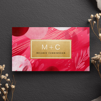 Cartes de visite à monogramme abstrait or rose vif