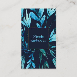 Cartes de visite botaniques aquarelles bleues glam