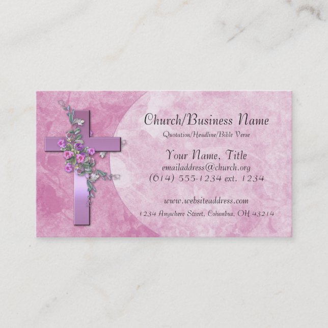 Cartes de visite : Croix violette aux fleurs roses (Devant)