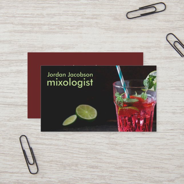 Cartes de visite de cocktails rouges (Devant/Arrière en situation)