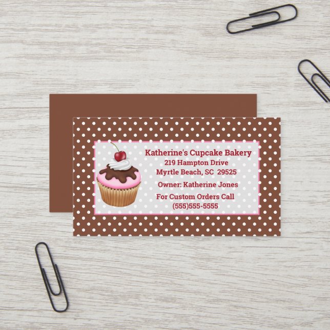 Cartes de visite de la boulangerie Cupcake (Devant/Arrière en situation)