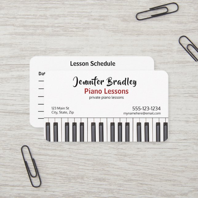 Cartes de visite de l'enseignant de piano personna (Devant/Arrière en situation)