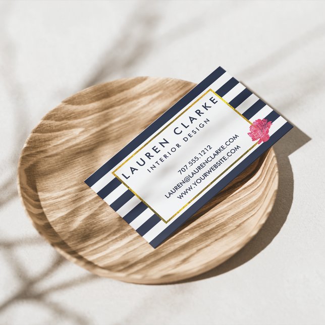 Cartes de visite de Navy Stripe & Pink Peony (Créateur téléchargé)