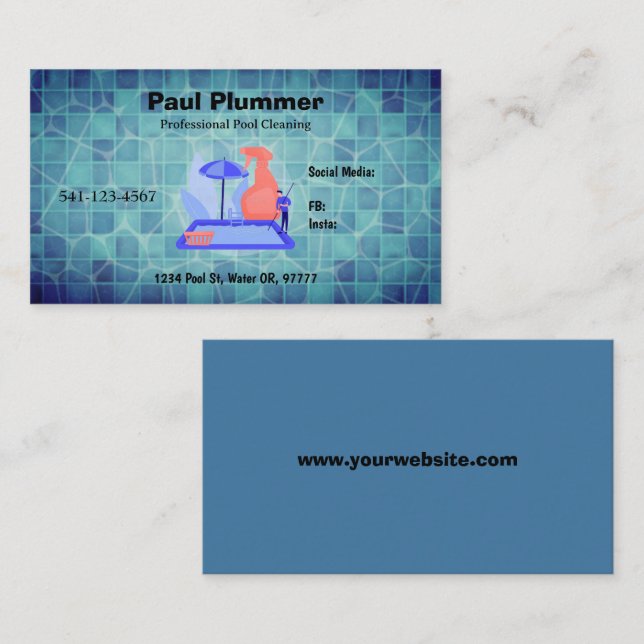 Cartes de visite de nettoyage de piscine professio (Devant / Derrière)