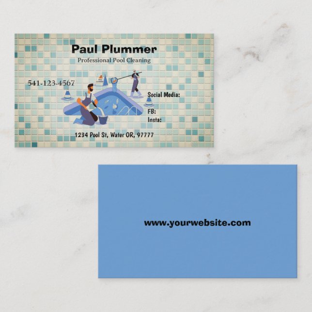Cartes de visite de nettoyage de piscine professio (Devant / Derrière)