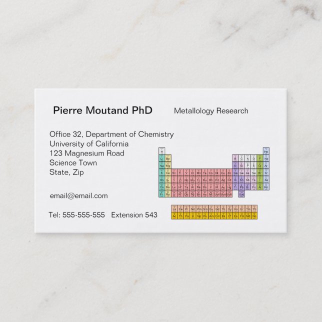 cartes de visite de table périodiques (Devant)