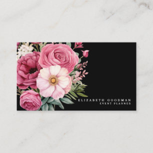 Cartes de visite élégants Boho rose et Fleurs noir