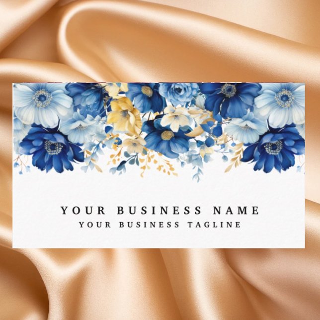 Cartes de visite élégants de fleurs bleues et d'or (Créateur téléchargé)