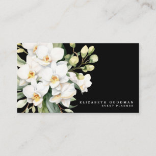 Cartes de visite noires aux orchidées blanches mod