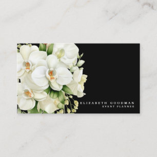 Cartes de visite noires aux orchidées blanches mod