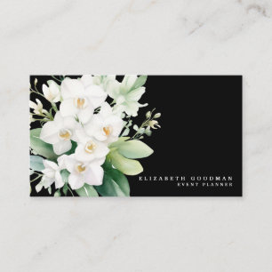 Cartes de visite noires aux orchidées blanches mod