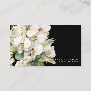 Cartes de visite noires aux orchidées blanches mod