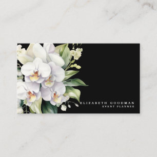 Cartes de visite noires aux orchidées blanches mod