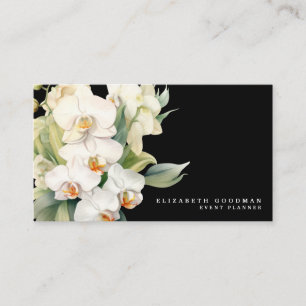 Cartes de visite noires aux orchidées blanches mod