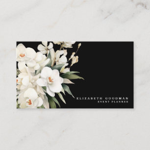 Cartes de visite noires aux orchidées blanches mod