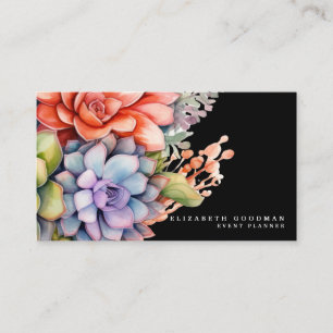 Cartes de visite noires avec de succulentes coloré
