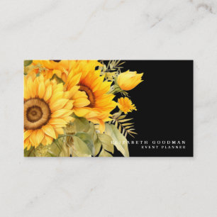 Cartes de visite noires avec tournesols jaunes chi