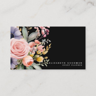 Cartes de visite noires élégantes avec fleurs douc