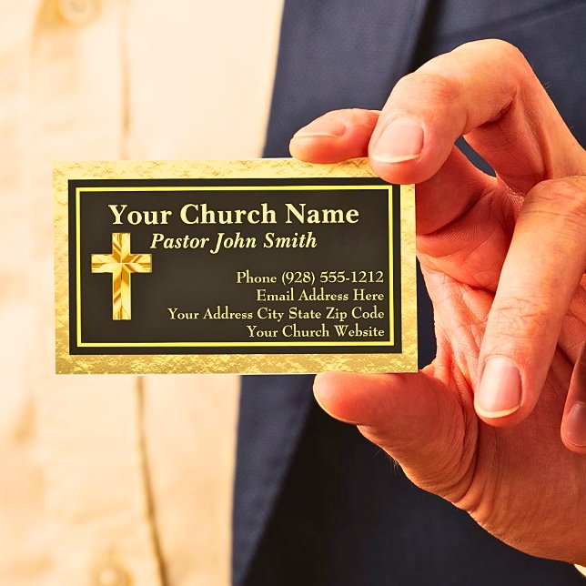 Cartes de visite Or et Noir pour Pasteur d'Église (Elegant Gold & Black Church Business Card)