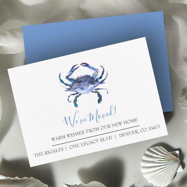 Cartes de visite pour l'annonce de déménagement de (Business moving announcement cards watercolor blue crab art by Victoria Grigaliunas Do Tell A Belle)
