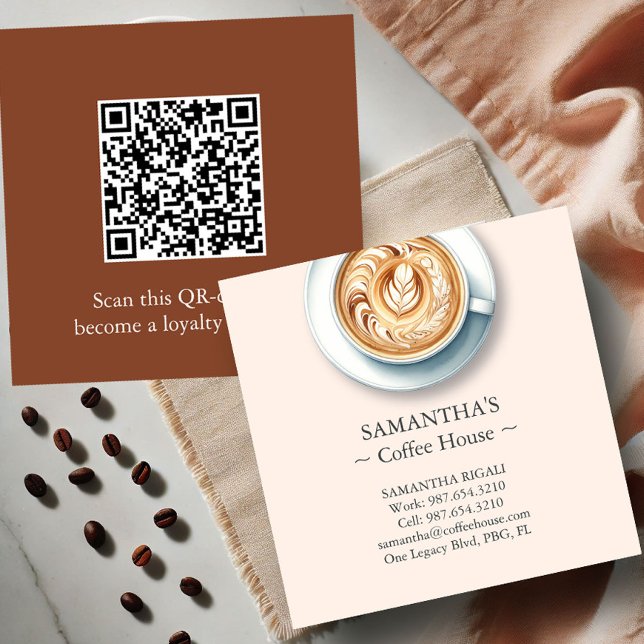 Cartes de visite professionnelles pour café modern (business cards with qr-code for a coffee shop features an illustration of a latte)