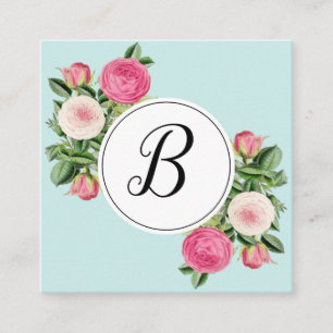 Cartes de visite roses de monogramme bleu floral à