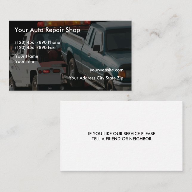 Cartes de visite simples de remorquage automobile (Devant / Derrière)