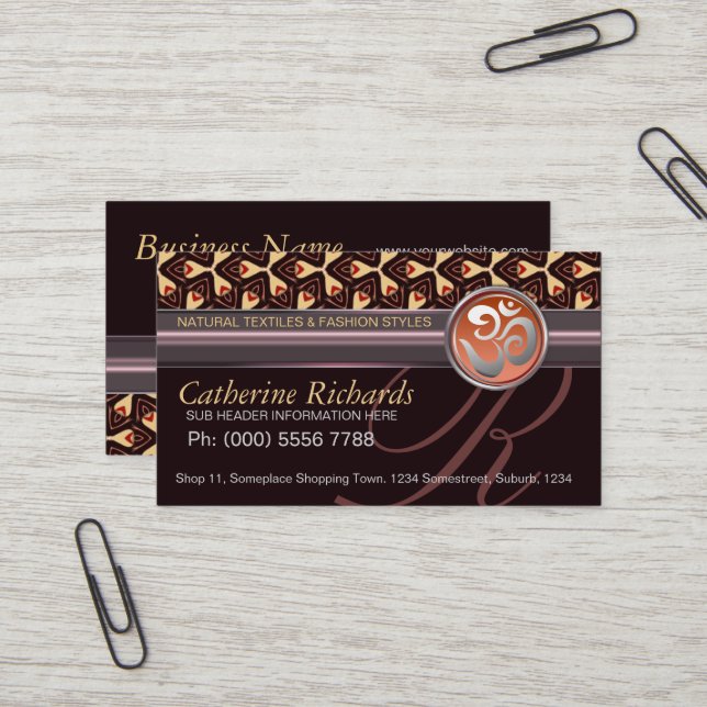 Cartes de visite textiles tribaux de mode biologiq (Devant/Arrière en situation)