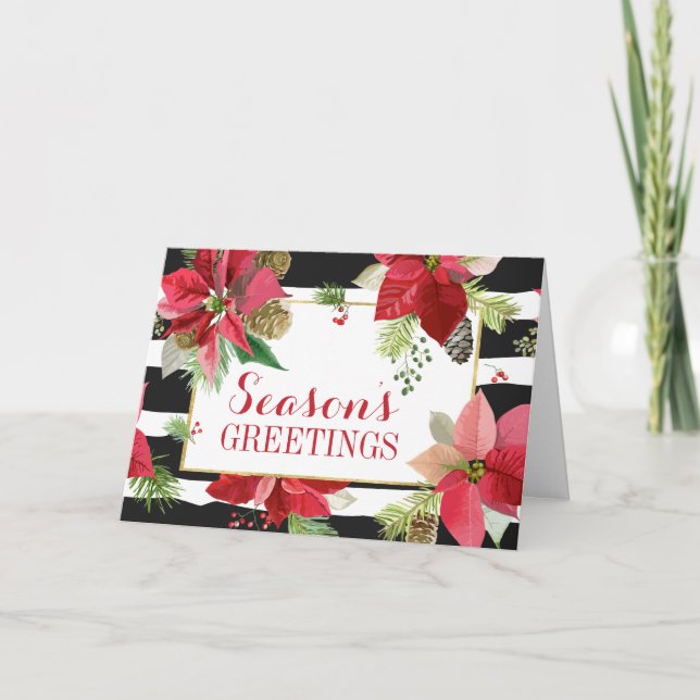 Cartes de vœux étoilées Poinsettias, rayures noire (Devant)