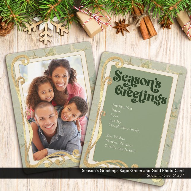 Cartes de vœux photo Vert sauge et Or pour la Sais (Season's Greetings, Sage Green and Gold Holiday Photo Greeting Card)