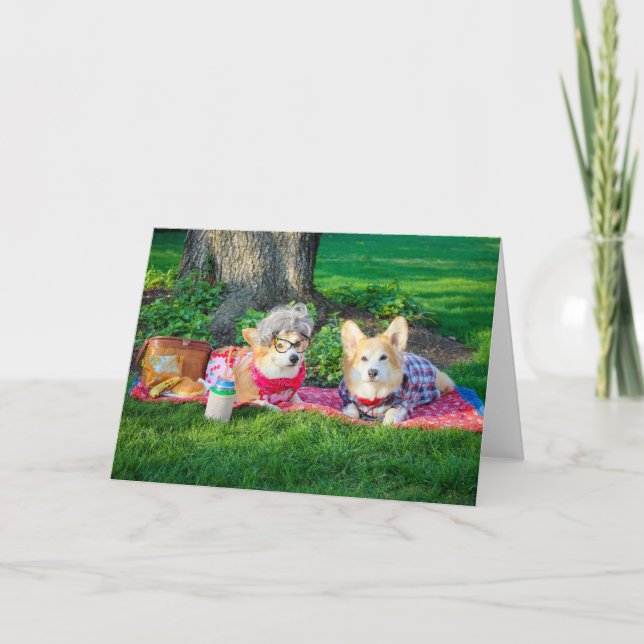 Cartes de vœux vierges avec Corgis en pique-nique (Devant)