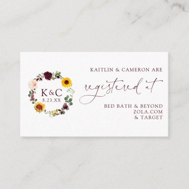 Cartes d'enregistrement mariages Sunflower Bourgog (Devant)