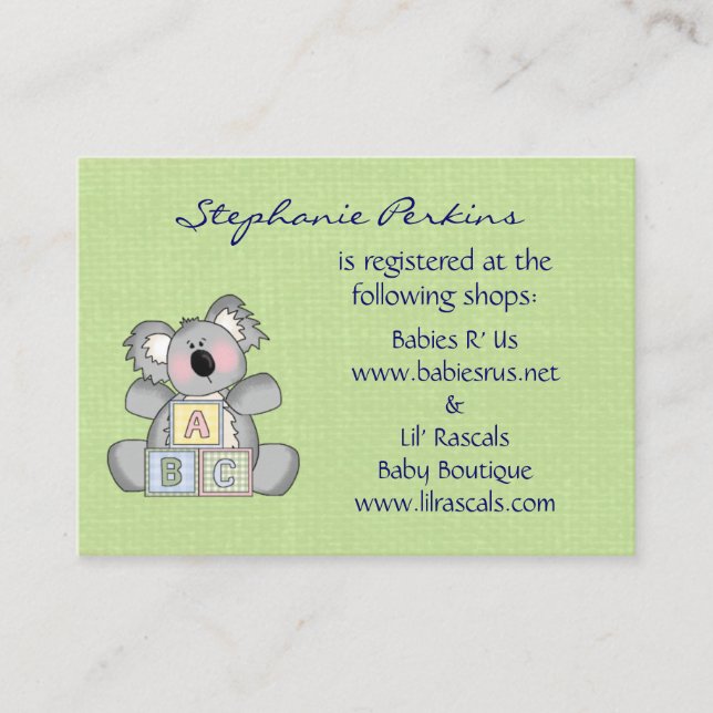 Cartes d'enregistrement pour bébés Koala (Devant)