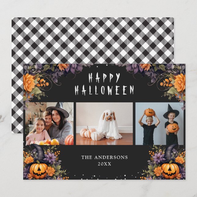 Cartes d'Halloween Buffalo Plaid Photo citrouilles (Devant / Derrière)