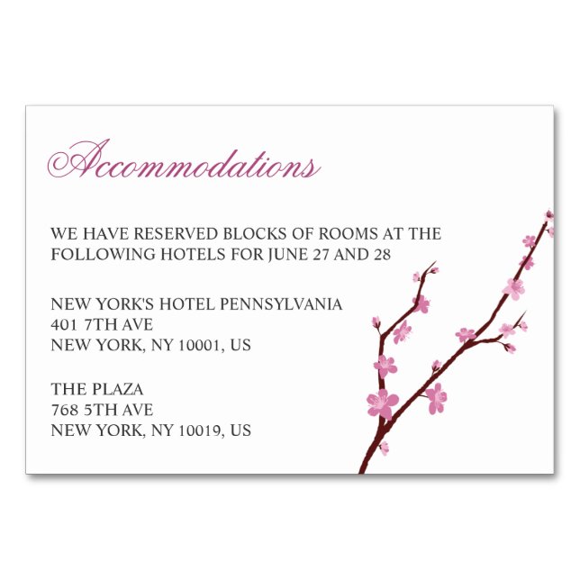Cartes d'hébergement Mariage Cherry Blossom (Devant)