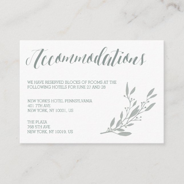 Cartes d'hébergement Mariage Sage Elégant (Devant)