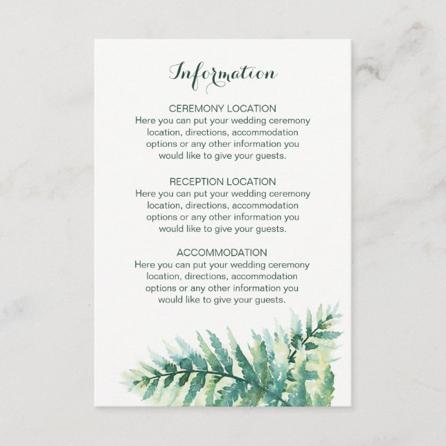 Cartes d'information du Mariage Green Fern (Devant)