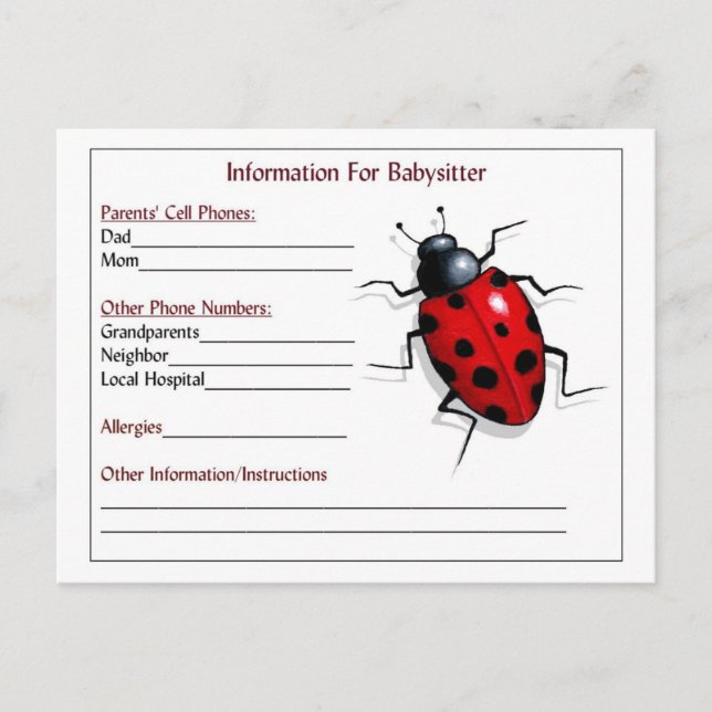 Cartes d'information pour baby-sitter : Ladybug, G (Devant)