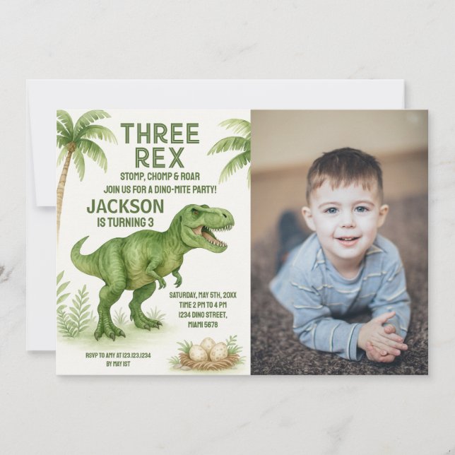 Cartes Dino Party personnalisables pour enfants (Devant)