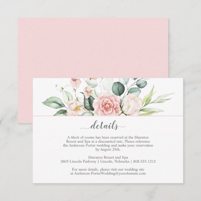 Cartes d'insertion de roses roses et d'eucalyptus (Devant / Derrière)