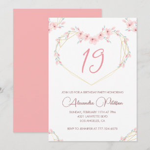 Cartes d'invitation 19 ans Bohème Floral Rose