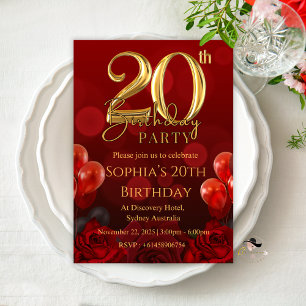 CARTES D'INVITATION 20 ANS ÉLÉGANTE ROUGE FILLE