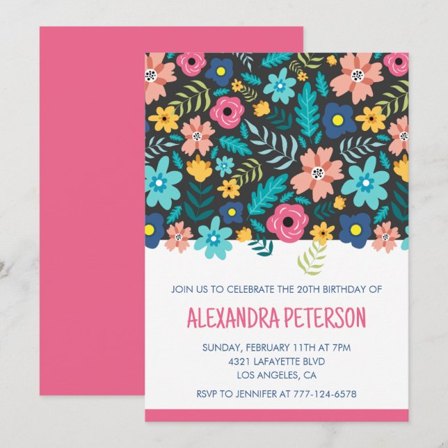 Cartes d'invitation 20 ans motif floral rose (Devant / Derrière)