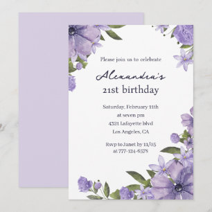 Cartes d'invitation 21 ans Bohème Floral Violet